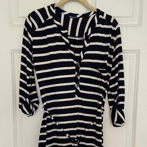 2	LA Made navy striped dress jersey, 3/4 sleeves, tie waste	small	used no damage